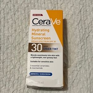 NWT Cerave Hydrating Mineral Sunscreen SPF 30 Deep Sheer Tint